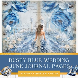 Staubige Blaue Hochzeit Junk Journal Seiten | Druckbares Scrapbook Kit | Staubige Blau und Elfenbein Designs | Hochzeit Handwerk | Sammelalbum | Einladungen