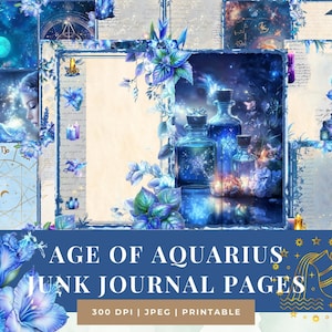 Alter des Wassermann Junk Journal Kit | Mystische Seiten | Elektroblau, Amethyst, Greifen, Delfine & Wasserträgerzauber | Astrologie | Himmlisch