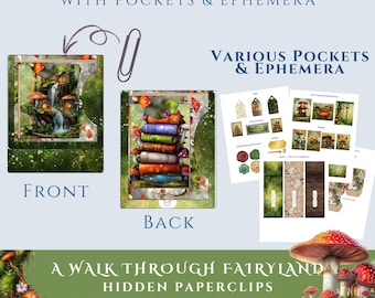 May include: A promotional image for "Hidden Paperclips with Pockets & Ephemera." The image shows a paperclip, the front and back of a paperclip holder with a fairy tale theme, and various pockets and ephemera. The text reads "A Walk Through Fairyland."