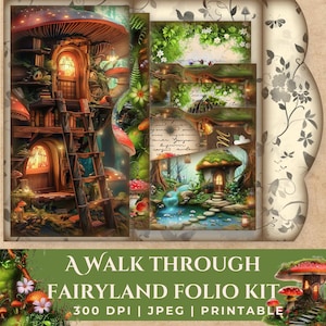 Kit Fairyland Folio / Pagine magiche / Effimere fatate fantasiose, paesaggi forestali, funghi e cascate / Diario di scarto stampabile / Album di ritagli
