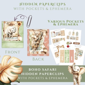 May include: An illustration of Boho Safari hidden paperclips with pockets and ephemera. The front of the paperclip features an elephant, and the back features a frog. The image also shows various pockets and ephemera.