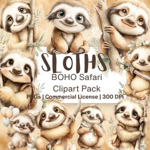 Boho Safari bébé paresseux Clipart | 11 Uniques | Utilisation commerciale | Animal mignon de la jungle | Aquarelle et crayon | Téléchargement numérique | Bohème