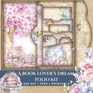 Puede incluir: Un kit de scrapbooking digital con un tema de amante de los libros. El kit incluye imágenes de libros, flores, una bicicleta, un reloj y un fondo vintage. El texto "A Book Lover's Dream Folio Kit" se muestra en la parte inferior de la imagen.