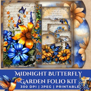 Kit folio de jardin minuit papillon | Orange et bleu vifs | Animaux tropicaux, lanternes, étangs, objets éphémères et textures pour les journaux indésirables