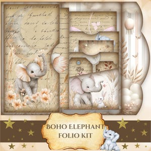 Kit Boho Elephant Folio / Pagine stampabili / Disegni pastello morbidi, tasche, etichette, tagli elaborati e texture a tema / Album di ritagli / Ephemera
