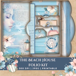 Zestaw Beach House Folio | Strony do druku | Miękkie pastelowe wzory nadmorskie | Strony bazowe, efemerydy i strona wypełniająca do dziennika śmieciowego | Album ze zdjęciami