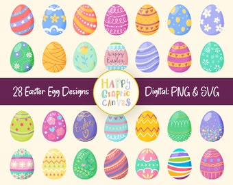 28 Easter Egg Clipart Designs: PNG & SVG. Spring Clipart, Cute Easter Graphics, Ribbon, Hearts, Easter Printable, Pattern Eggs