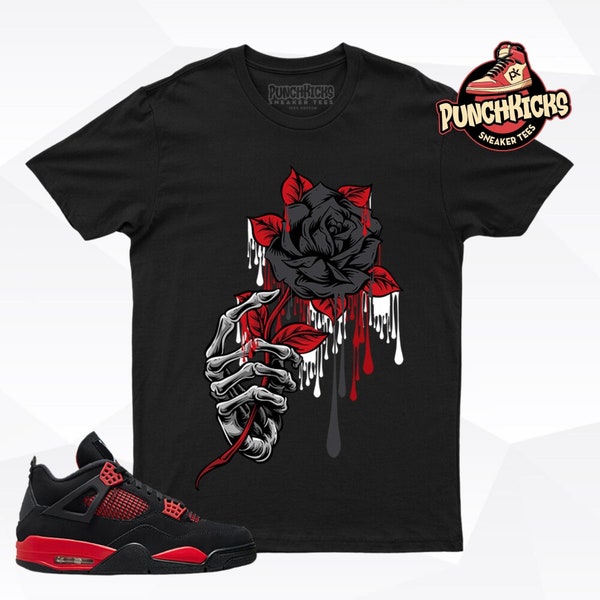 Jordan 4 Red Thunder Shirt passend zu Rose mit Totenkopf Hand - PunchKicks Geschenk für Ihn, Geschenk für Sie, Geschenk für Sneakerhead