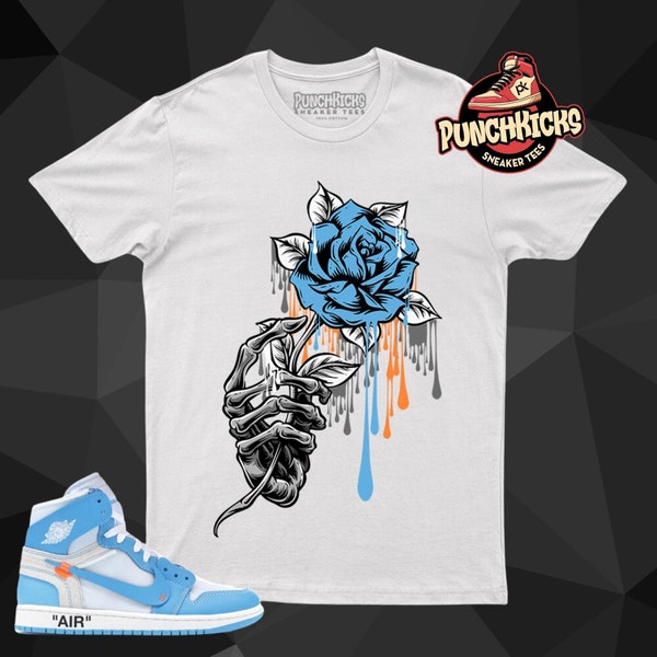 Jordan 1 Off-White University Blue Sneaker Shirt to match Rose With Skull Hand - PunchKicks