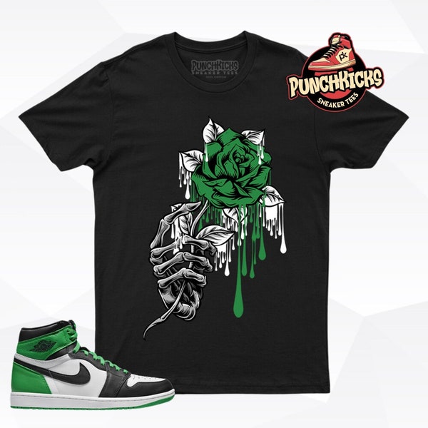 Jordan 1 Lucky Green Sneaker Shirt assortie à Rose With Skull Hand - Cadeau PunchKicks pour lui, cadeau pour elle, cadeau pour Sneakerhead