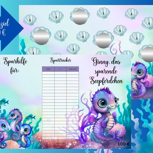 SPARBUCH | inkl. Rubbelfeldern | Ginny das sparsame Seepferdchen | Umschlagmethode | A6 Binder