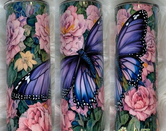 Purple Butterfly Tumbler – Floral Butterfly Cup with Roses, Spring Aesthetic Drinkware, Nature Lover Gift, Stainless Steel Tumbler