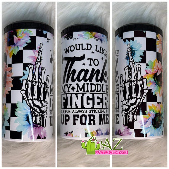 Funny Middle Finger 4-in-1 Can Cooler Tumbler – Sarcastic Floral Checkered Slim Can Koozie, Bottle Holder, Insulated Stainless Cup with Lid