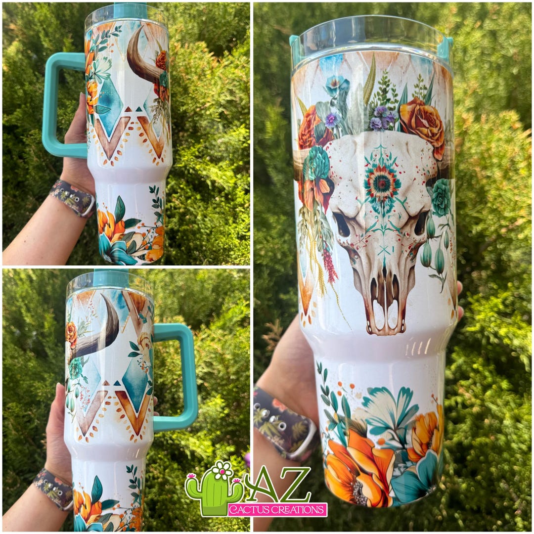 Boho Western Cow Skull Tumbler – 40oz Floral Steer Head Mug, Aztec ...