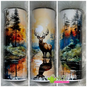 Deer Tumbler with Forest Sunset – 20oz Elk Stainless Steel Cup, Hunting Gift for Him, Nature Scene Travel Mug, Outdoorsman Gift