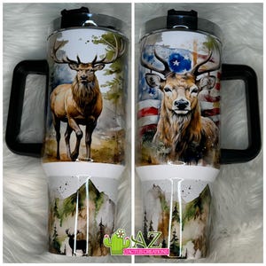 Elk Hunting Travel Mug – 40oz Patriotic Deer Tumbler with Handle, Mountain Forest Wildlife Cup, Outdoorsman Gift for Him