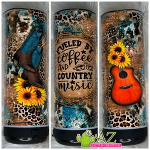 Fueled by Coffee and Country Music Tumbler – 20oz Bluetooth Speaker Cup, Western Cowgirl Gift, Leopard Boots Guitar Sunflower Mug