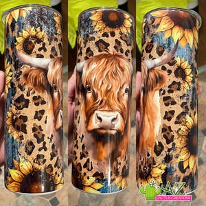 Highland Cow Tumbler – 20oz Sunflower Leopard Print Cup, Western Farm Cowgirl Gift, Rustic Country Stainless Steel Travel Mug