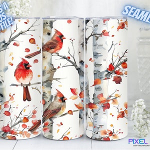 Puede incluir: Tres diseños de sublimación sin costuras que presentan cardenales rojos de acuarela posados ​​en abedules con hojas de otoño. Los diseños son perfectos para crear vasos, tazas u otros artículos para beber personalizados.