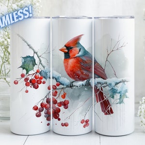 Cardinal in Winter With Berries Sublimation Design For 20oz Straight & Tapered Skinny Tumbler, Instant Digital Download, PNG File