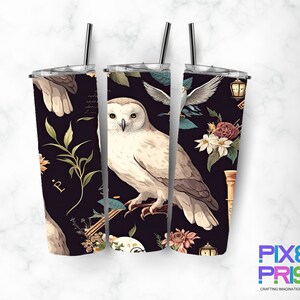 Owls And Floral Elements Sublimation Design For 20 oz Straight Or Tapered Skinny Tumblers, Tumbler Wrap PNG, Instant Digital Download