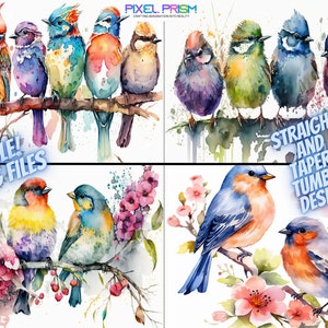 BUNDLE of 4 PNG Files Watercolor Birds On Branches Sublimation Tumbler Wrap For 20oz Straight or Tapered Skinny Tumbler Instant Download
