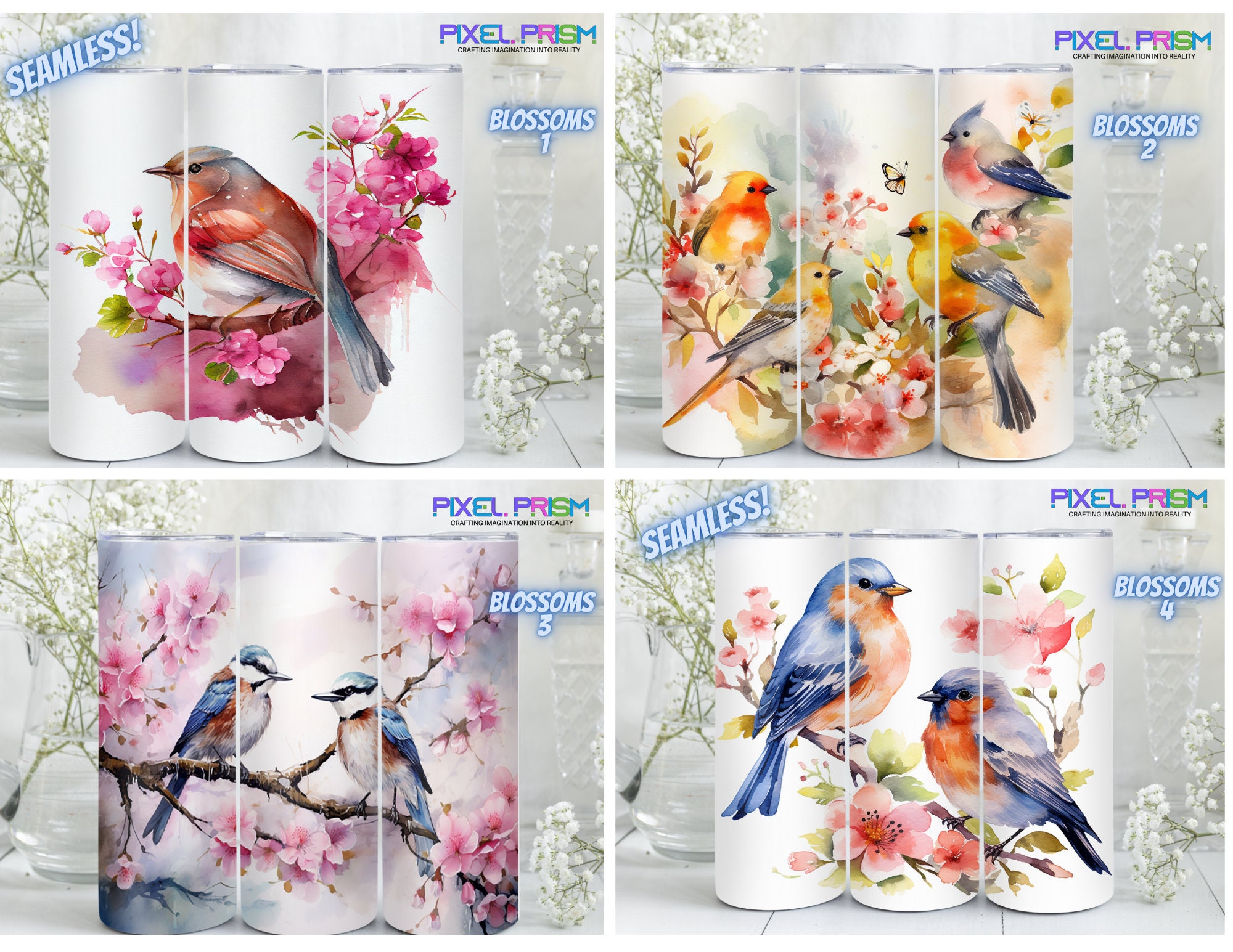 BUNDLE of 4 PNG Digital Download Files! 4 Unique Watercolor Birds PNG Files For Sublimation 20oz Straight & Tapered 20 oz Skinny Tumblers