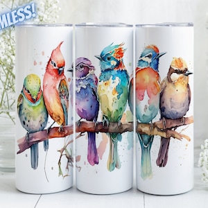 Watercolor Birds Sitting On A Branch Sublimation Design For 20oz Straight & Tapered Skinny Tumbler, PNG File, Instant Digital Download
