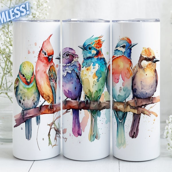 Watercolor Birds Sitting On A Branch Sublimation Design For 20oz Straight & Tapered Skinny Tumbler, PNG File, Instant Digital Download