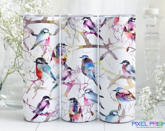 Colorful Watercolor Birds Sublimation Design Tumbler Wrap For Straight or Tapered 20 oz Skinny Tumbler, Instant Download PNG File