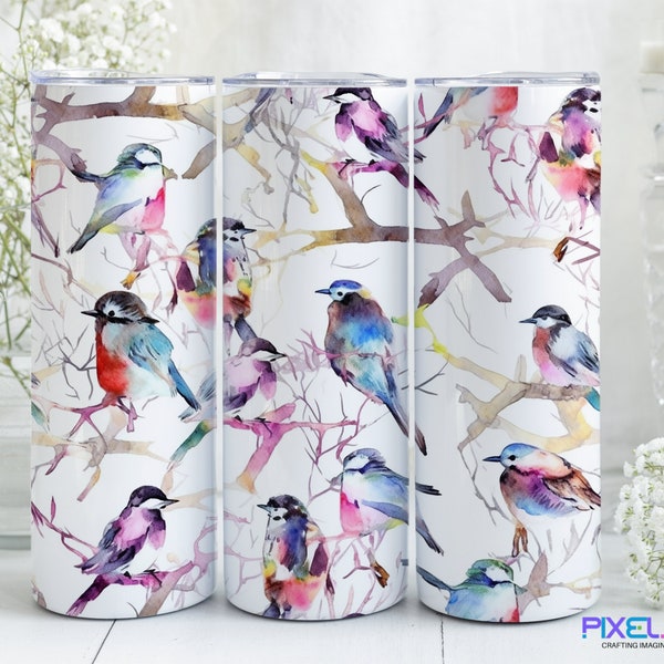 Colorful Watercolor Birds Sublimation Design Tumbler Wrap For Straight or Tapered 20 oz Skinny Tumbler, Instant Download PNG File