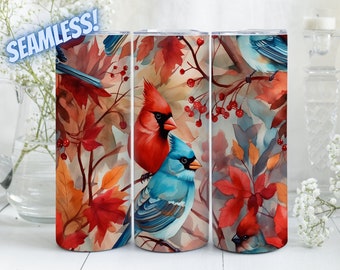Cardinal And Jay Birds Seamless Sublimation Design For 20oz Straight & Tapered Skinny Tumbler, PNG File, Instant Digital Download