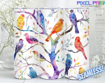 Colorful Watercolor Birds In A Tree Sublimation Design Tumbler Wrap For Straight or Tapered 20 oz Skinny Tumbler Instant Download PNG File