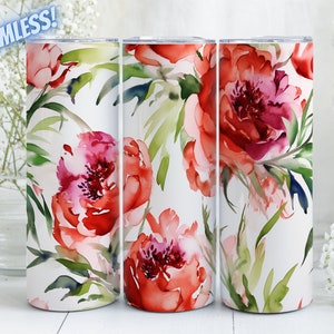 Red Peonies Floral Sublimation Design For 20oz Straight & Tapered Skinny Tumblers, PNG File, Instant Digital Download, Seamless Design