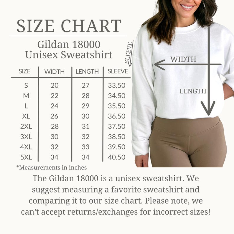 May include: A white Gildan 18000 unisex sweatshirt with a size chart. The chart shows measurements in inches for width, length, and sleeve length, ranging from size S to 5XL. The image also shows a person wearing the sweatshirt.