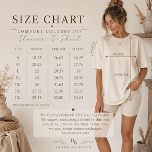 May include: A size chart for a Comfort Colors 1717 unisex t-shirt, displaying width, length, and sleeve measurements in inches. The chart includes sizes from S to 4XL, alongside a visual guide showing how to measure a t-shirt for accurate sizing.