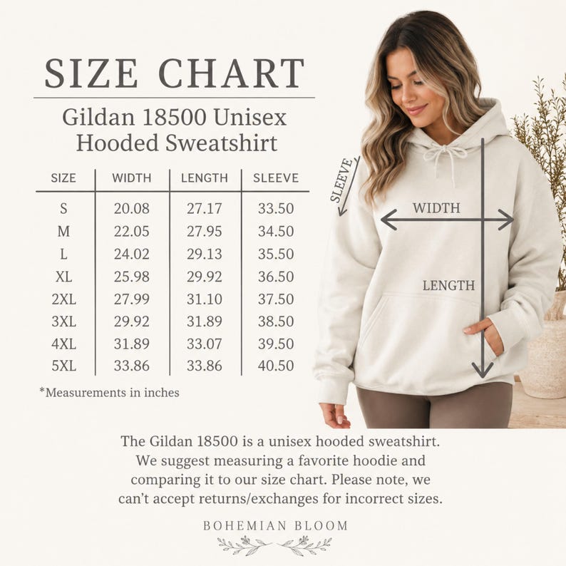 K&ouml;nnte beinhalten: Gr&ouml;&szlig;entabelle f&uuml;r den Gildan 18500 Unisex Kapuzenpullover. Die Tabelle zeigt die Ma&szlig;e in cm f&uuml;r die Gr&ouml;&szlig;en S bis 5XL, einschlie&szlig;lich Breite, L&auml;nge und &Auml;rmell&auml;nge. Eine Person tr&auml;gt den Kapuzenpullover. Der Text erw&auml;hnt auch die Marke und die R&uuml;ckgabebedingungen.