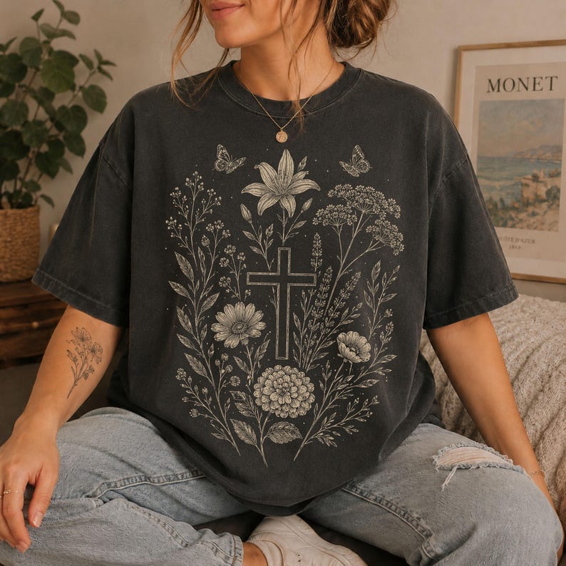 Christian Floral Tee Featuring Vintage Floral Cross Illustration With Wildflowers Butterflies And Botanical Artwork Comfort Colors Womens Christian Shirt Floral Cross Shirt Faith Based Shirt Christian Boho Clothes Religious Apparel Jesus Lover Gift Church Shirt