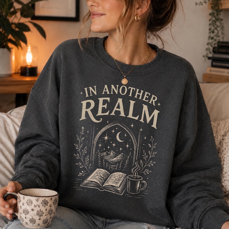 Fantasy reader sweatshirt featuring In Another Realm vintage typography with an open book, steaming coffee mug, moonlit mountain landscape, stars, botanical details, and magical window artwork. Romantasy sweatshirt, fantasy book sweatshirt, BookTok apparel, fantasy reader clothing, bookish crewneck, cozy reader gift, book club apparel, bookstore lover sweatshirt, literary graphic sweatshirt, whimsical fantasy reading aesthetic.