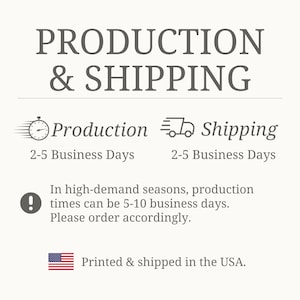 Pu&ograve; includere: Grafica testuale con le parole "PRODUCTION & SHIPPING" in un carattere serif. Sotto, indica "Produzione" e "Spedizione" con icone e tempistiche di 2-5 giorni lavorativi. Indica anche che i tempi di produzione possono essere di 5-10 giorni lavorativi nelle stagioni ad alta richiesta.