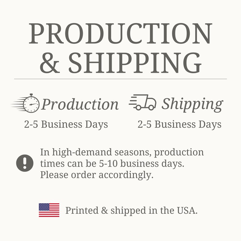 Pu&ograve; includere: Grafica testuale con le parole "PRODUCTION & SHIPPING" in un carattere serif. Sotto, indica "Produzione" e "Spedizione" con icone e tempistiche di 2-5 giorni lavorativi. Indica anche che i tempi di produzione possono essere di 5-10 giorni lavorativi nelle stagioni ad alta richiesta.