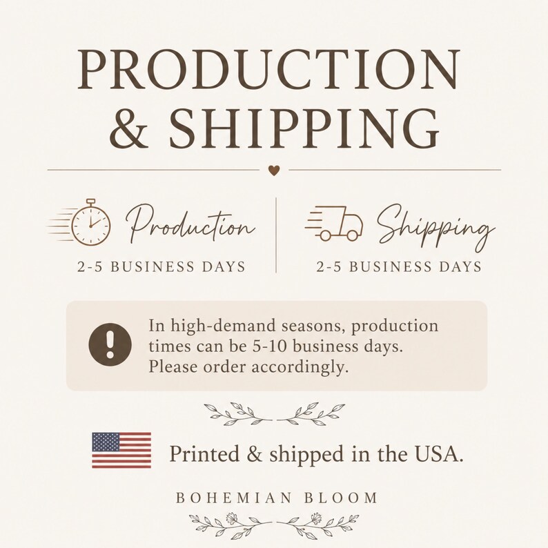 K&ouml;nnte beinhalten: Eine informative Grafik mit dunkelbraunem Text auf hellbeigem Hintergrund. Sie enth&auml;lt die &Uuml;berschrift PRODUCTION & SHIPPING, Symbole einer Uhr und eines Lieferwagens, ein Benachrichtigungsfeld mit Ausrufezeichen, eine US-Flagge und den Text BOHEMIAN BLOOM.