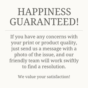 May include: A cream-coloured graphic with the text "HAPPINESS GUARANTEED!" in a dark grey font. It states that if there are any concerns with the product, to send a message with a photo for a swift resolution.