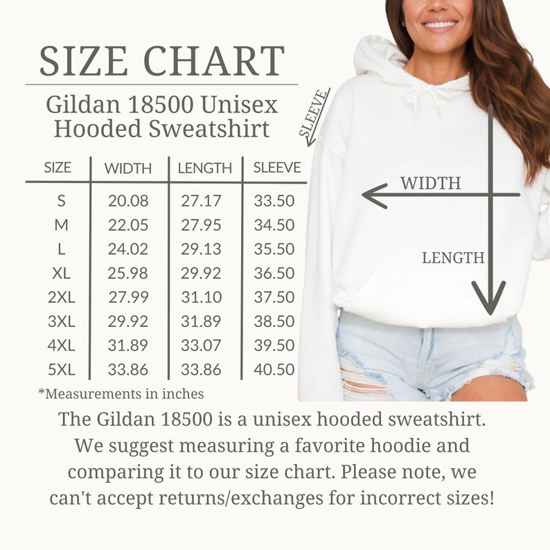 Pu&ograve; includere: Tabella delle taglie per una felpa con cappuccio unisex Gildan 18500. La tabella mostra le misure in pollici per larghezza, lunghezza e lunghezza manica, dalla taglia S alla 5XL. L'immagine mostra anche una persona che indossa una felpa con cappuccio bianca.