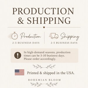 May include: An informational graphic with dark brown text on a light beige background. It features the headings PRODUCTION & SHIPPING, icons of a clock and a delivery truck, a warning symbol with text about high-demand seasons, and the text BOHEMIAN BLOOM.
