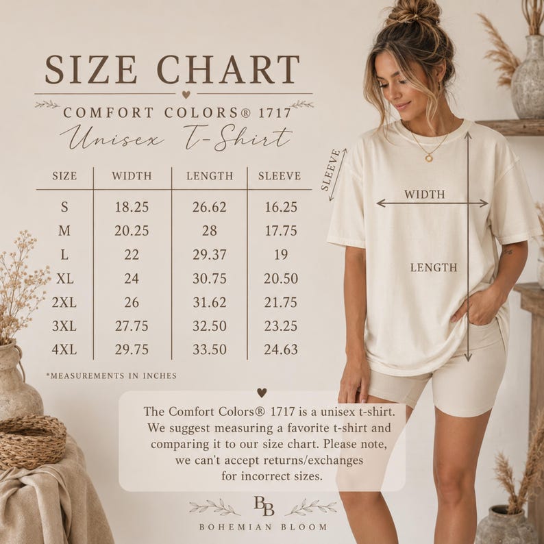 May include: A size chart for a Comfort Colors 1717 unisex t-shirt, displaying width, length, and sleeve measurements in inches. The chart includes sizes from S to 4XL, alongside a visual guide showing how to measure a t-shirt for accurate sizing.