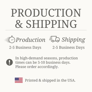 May include: Text graphic with the words "PRODUCTION & SHIPPING" in a serif font. Below, it states "Production" and "Shipping" with icons and timeframes of 2-5 business days. It also states that production times can be 5-10 business days in high-demand seasons.