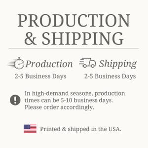 May include: Text graphic with the words "PRODUCTION & SHIPPING" in a serif font. Below, it states "Production" and "Shipping" with icons and "2-5 Business Days." It also says "Printed & shipped in the USA."