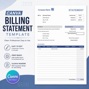 Op de afbeelding: Een Canva factuuroverzichtsjabloon bestaande uit een wit document met donkerblauwe koppen en tekst. De lay-out bevat secties voor de bedrijfsnaam, overzichtsgegevens, factuurinformatie van de klant, een samenvatting en een tabel voor activiteiten.