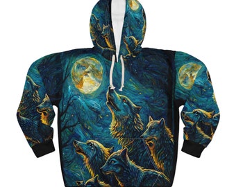 Starry Night Wolves Howling at Moon van Gogh Hooded Sweatshirt Pullover Hoodie (AOP)